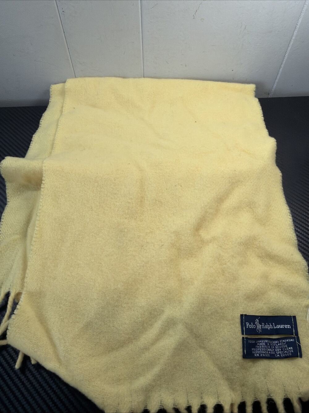 Polo Ralph Lauren Lambs Wool Scarf Mustard Yellow Fringe Vintage NN
